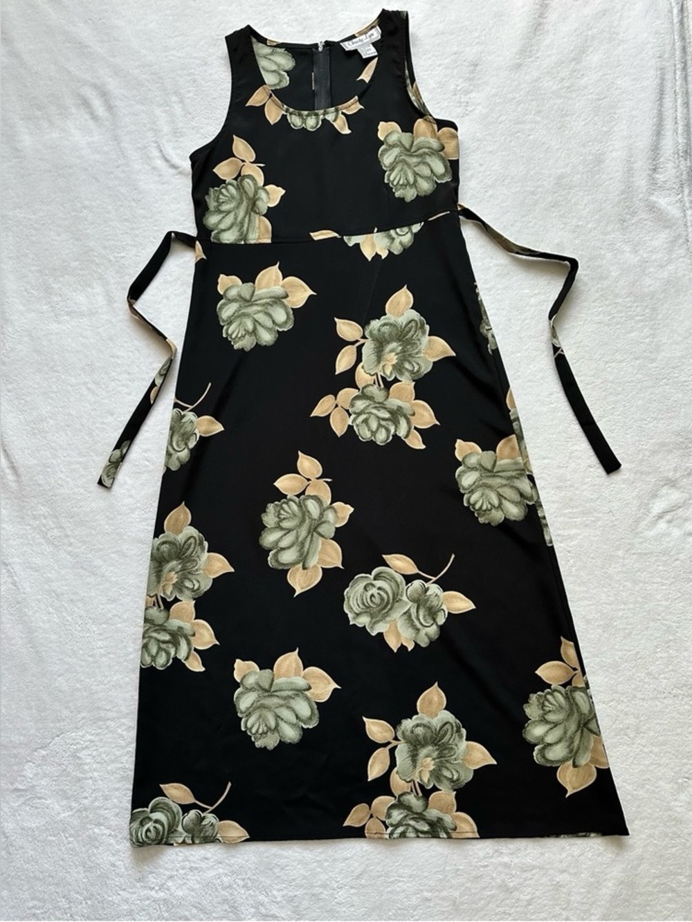 Sleeveless Black Floral Midi Dress with Sage Roses